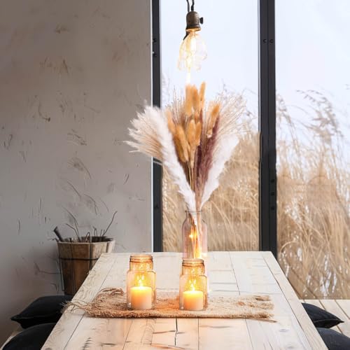 60PCS of Boho Pampas Grass in Glass Vase with LED Lights & Faux Crystals, Naturally Dried Pompas, Bunny Tails Dried Flowers,Perfect for Weddings, Farmhouse Boho Wall Bathroom Office Kitchen Decor - color: Multi-colored With Glass Vase