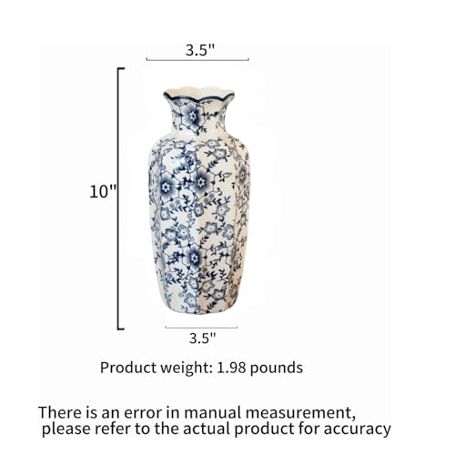 WF Chinese Porcelain Blue and White Vase, Hand-Painted Ceramic Floor Vase for Home Decor, Traditional Oriental Shelf Decor Collectible Figurines (Height: 10")