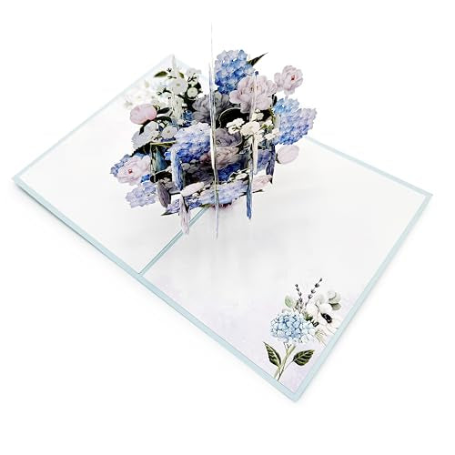 Blue Hydrangea and Rose Flower Bouquet Pop Up Card, 3D Blooming Love Greeting Card for Birthday, Mothers Day, Valentines Day, Anniversary, Congratulations, Thinking of You, All Occassions by Teabug