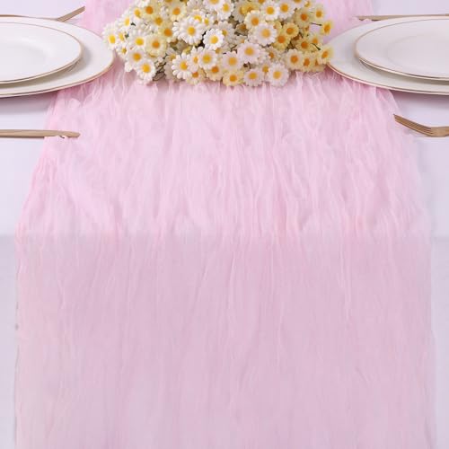 Pink Gauze Table Runner 10ft Rustic Cheese Cloth Table Runner Boho Style Decorations for Romantic Date Wedding Party Baby Shower Photography Decoration - color: Pink, size: 10 ft × 1 pc