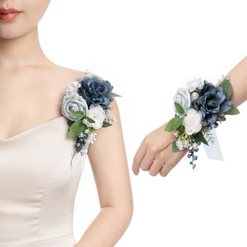 Ling's moment 2pcs Prom Wrist/Shoulder Corsage Artificial Flower, Girl/Mother Homecoming/Wedding Corsage Wristlet Décor, etc. Navy Blue Dusty Blue - color: Blu-navy Blue & Dusty Blue