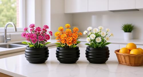 Smart Artificial Plants Set of 3, Mini Faux Flowers for Home, Office Desk, Bedroom & Bathroom Decor