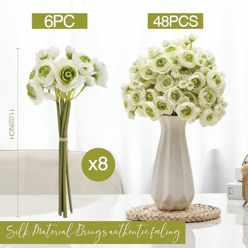 Giegxin 48 Pcs Ranunculus Artificial Flower,Real To Lifelike Peonies Artificial Flower Silk Faux DIY Bouquet for Wedding Bridal Shower Valentine Centerpieces Arrangements Home Decorations(White,Green) - color: White,green