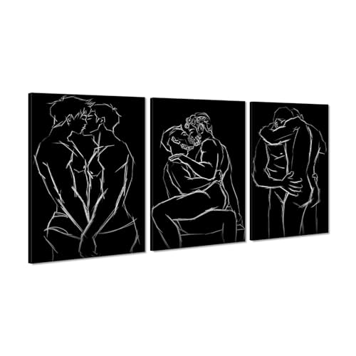 Gay Art Wall Decor 3 Panels Abstract Wall Art Black and White Line Art Men Gay Body Posters Prints on Canvas Decor Bedroom Bathroom Home Decoration Framed Ready to Hang - 24"W x 36"H x 3pcs - color: Art02, size: 24x36x3pcs