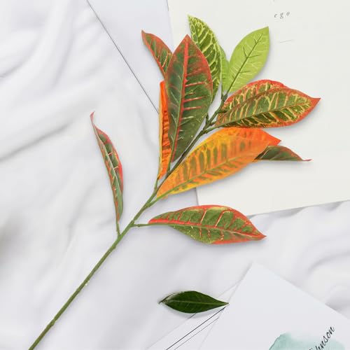Gresorth 29" Fake Croton Decoration Lifelike Long Stem Plant Model Artificial Branch Bouquet Faux Gradual Houseplant Fireplace Centerpieces 4pcs - color: E