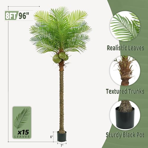 Roselywed Artificial Phoenix Palm Tree 8FT with 15 Leaves & 3 Coconut Fruit & Real Bark Tropical Areca Sago Palm Tall Large Faux Plant 94 Inch Black Pot for Indoor Outdoor Home Poolside Mall Decor - size: 8ft
