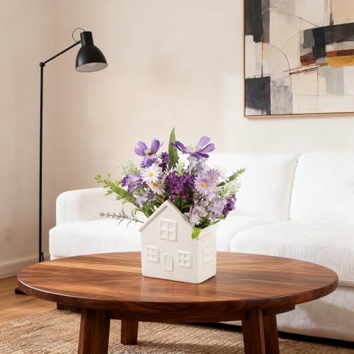 Small Fake Flowers Plants, Mini Artificial Lavender Flowers Purple Daisy in Ceramic Pot, Faux Potted Plants for Centerpiece Table Decorations Home Office Bathroom Tabletop Spring Decor