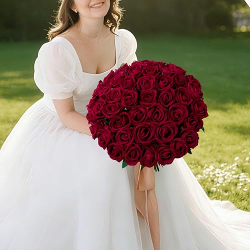 50 PCS Burgundy Roses Artificial Flowers, Real Looking Fake Roses with Long Stems Silk Flowers for DIY Wedding Bouquet Party Celebration Home Bridal Baby Shower Decoration Birthday Gift for Her Wife - color: Burgundy