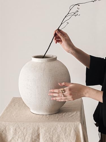 White Ceramic Vase - Large 10.8 Inch Round Floor Vase for Centerpieces, Farmhouse Flower Vases, Rustic Minimalist Home Decor (Sandstone White) - color: Sandstone White, size: 10.8 Inch