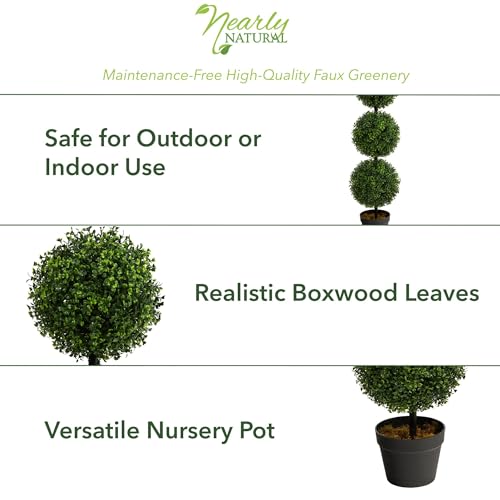 Nearly Natural 36in Artificial Triple Ball Boxwood Topiary Tree - Indoor Outdoor Realistic Faux Greenery for Home Patio Office Decor, Low Maintenance - size: 3ft