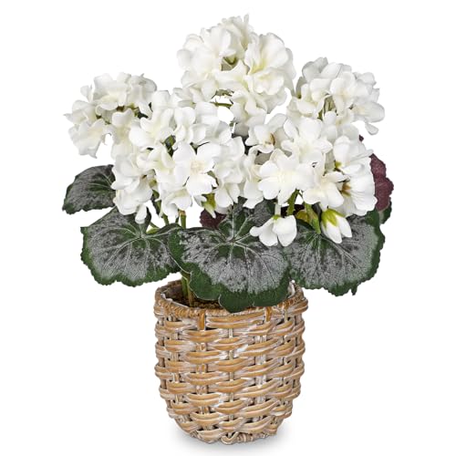 Briful Artificial White Geranium Flowers in Woven Basket, 11’’ Tall Silk Flower Arrangement, Realistic Geraniums Artificial Outdoor Plants for Home Indoor Farmhouse Table Wedding Centerpiece Decor - color: 11'' Tall White, Woven Basin