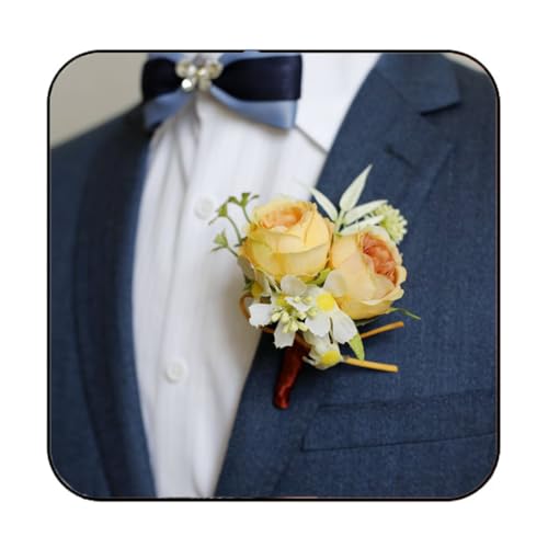 Wedding Rose Boutonniere Groom Flower Buttonholes Prom Suit Decoration for Men (Yellow) - color: Yellow
