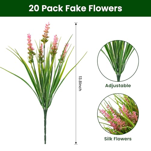 20 Bundles Artificial Plants Outdoor, UV Resistant Fake Flowers， Realistic Faux Lavender Shrubs for Porch Garden Window Box Home Decoration (Pink) - color: Pink
