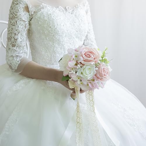 Wedding Bouquets for Bride Bridesmaid, Artificial Dusty Rose Bride Flower Bouquet for Wedding Church Decoration Ceremony, Anniversary, etc, Roses Flowers - color: Dusty Rose & Blush & White