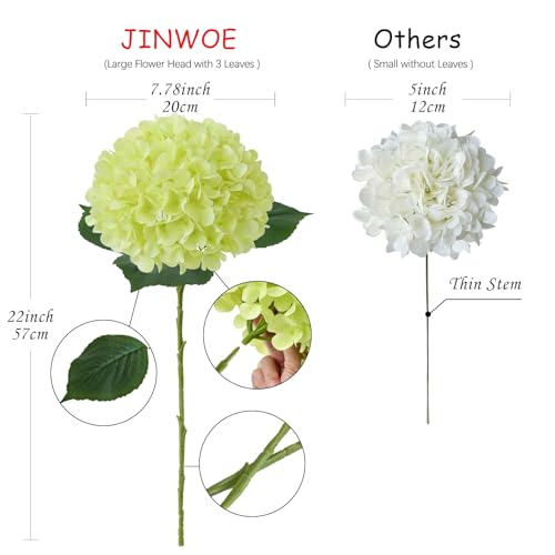 JINWOE Light Green Hydrangea Artificial Flowers, 4Pcs 22" Large Lifelike Faux Silk Flowers, Full Artificial Hydrangeas for Bouquet Table Centerpieces Indoor Spring Outdoor Home - color: Green