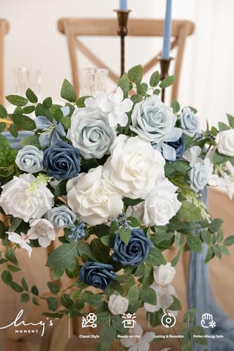 Ling's moment Dusty Blue Artificial Flower Garland Wedding Arch Flowers Floral Swags Table Centerpieces White Rose Arrangements for Sweetheart Table Easel Wall Entryway Board Backdrop Decor 2PCS - color: Blu-dusty Blue & Navy