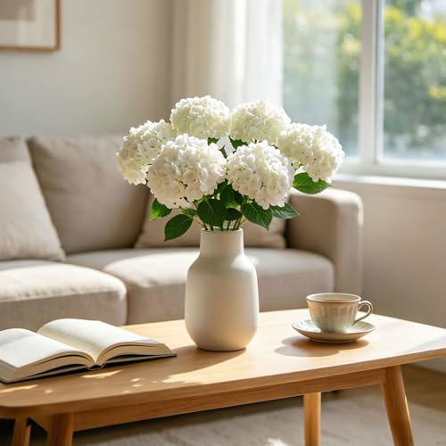 4 Pcs Faux Hydrangeas Real Touch Hydrangea Artificial Flowers Latex Large Fake Flower Long Stems for Wedding Home Party Table Centerpieces Decor (White) - color: White