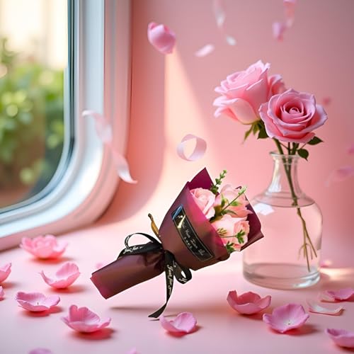 Pink 30 Grams 3Heads Rose Bouquet Flower Petals Valentine Day Gifts Artificial Flowers for Women Mom Wife Best Friend, Birthday Christmas Valentine's Mothers from Daughter Son Husband