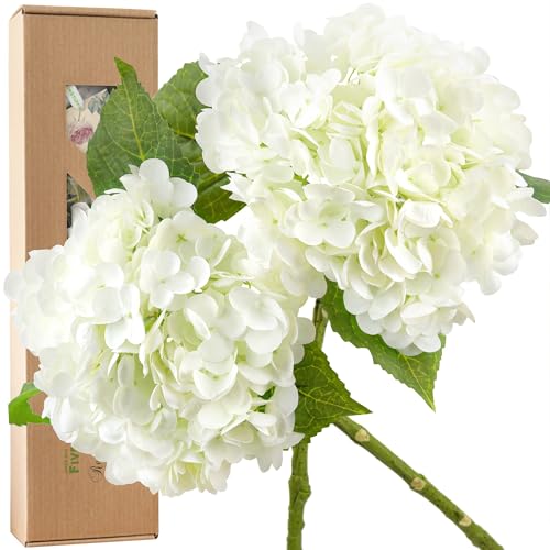 FiveSeasonStuff Snowy White Real Touch Hydrangea Flowers – 2 Large Stems Artificial Hydrangeas for Wedding Bouquets, Centerpieces & Home Table Decor – Gift Box Included - color: Snowy White (2 Stems)