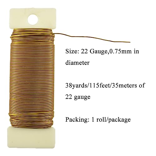 HAHIYO 22Gauge Dark Gold Metal Floral Wire - 1 Roll, 38 Yards (115 Feet) - Flexible Paddle Wire for Craft, Christmas Wreaths, Tree, Flower Arrangement, Bouquet Wrapping, Wedding, DIY - color: Dark Gold, size: 22Gauge-1P/38Yards