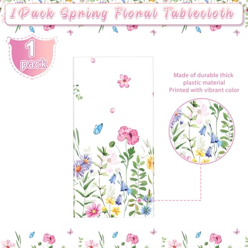 1Pcs Spring Floral Plastic Tablecloth,Pink Purple Blue Flower Butterfly Disposable Table Cover for Home Decor Summer Spring Picnic Dining Holiday Weeding Birthday Tea Party Decorations,54x108 Inch - size: 108" x 54" (Rectangular)