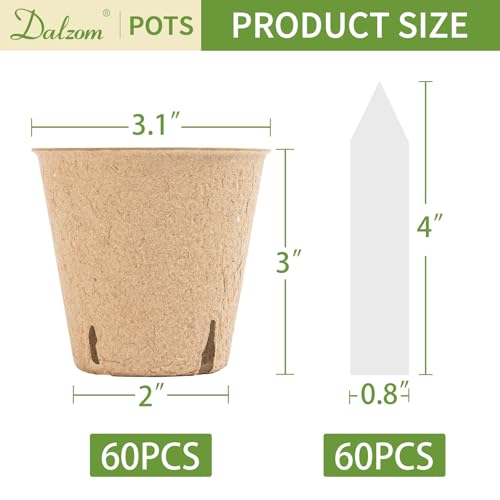 Dalzom® 60Pcs 3.1” Peat Pots with 60Pcs Plant Labels, Biodegradable Pots for Seedlings with Drainage Holes, Garden Plant Nursery Pots Seed Starting Trays - size: 3.1"