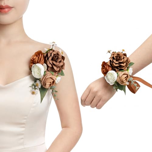Ling's moment 2pcs Prom Wrist/Shoulder Corsage Artificial Flower, Girl/Mother Homecoming/Wedding Corsage Wristlet Décor, etc. Sand Dune Brown - color: Brn-sand Dune & Brown