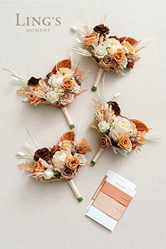 Ling's moment Artificial Bridesmaid Bouquets Set of 4,Brown Wedding Flower Bouquets Terracotta Floral Bouquet Rust Bridal Bouquets with Ribbon,Ceremony,Anniversary,7-inch Diameter - color: Or-rust Boho & Terracotta