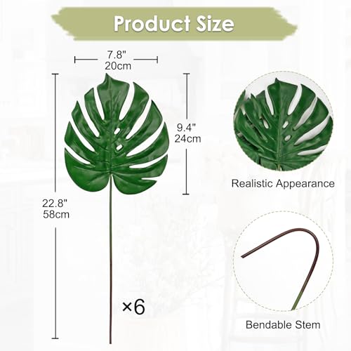 DILATATA 6 Pack Artificial Monstera Leaves with Long Stem for Vase - Fake Tropical Plants Palm Leaves Realistic Philo Turtle Leaves for Home Wedding Party Decor - Medium - color: Medium Monstera#pe 6pcs