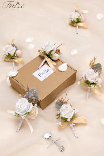 Fnize Champagne Boutonniere for Men, 6 Pcs Groom Groomsmen Boutonnieres, Artificial Flowers for Wedding Prom Homecoming - color: Champagne