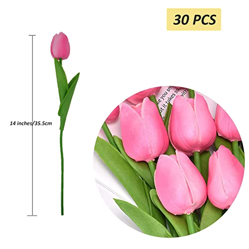 30pcs Real Touch Tulips PU Artificial Flowers, Fake Tulips Flowers for Arrangement Wedding Party Easter Spring Home Dining Room Office Decoration. (Pink, 14" Tall) - color: Pink