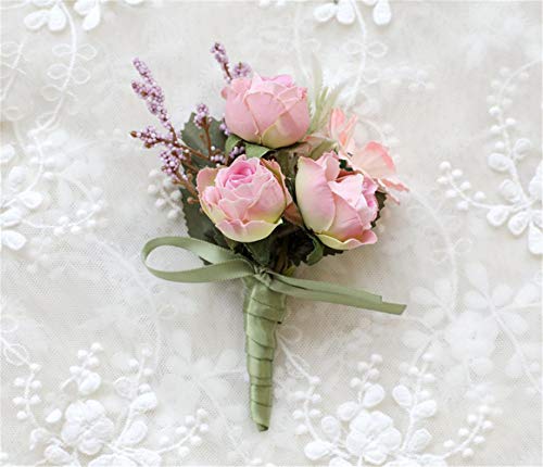 Rose Wedding Wrist Corsage and Boutonniere Set Party Prom Hand Ribbon Flower Suit Decor (Pink) - color: Pink
