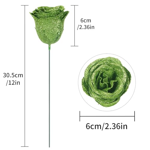 Artificial Roses,30PCS Green Glitter Flowers Faux Roses with Stems for Wedding Bouquet Party Christmas Home Decor(Green) - color: Green