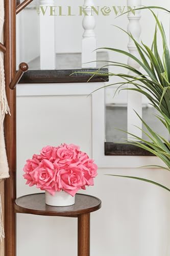 WELL KNOWN Artificial Flowers in Vase, Silk Rose Arrangement Mini Potted Fake Flowers with White Ceramic Vase for Home Wedding Vanity Coffee Table Centerpiece Bathroom Anniversary Decor (Hot Pink) - color: Rose, Hot Pink