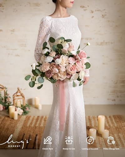 Ling's moment Pink Wedding Bouquets for Bride, Dusty Rose Bridal Bouquets for Bride, 15 Inch Free Form Artificial Wedding Flowers Bouquets - color: Pk-dusty Rose, size: Medium 15 Inch