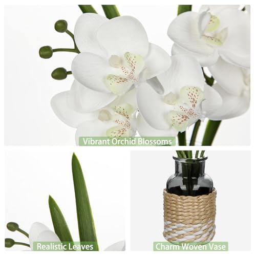 White Orchids Artificial Flowers with Vase, Small Faux Orchid Arrangement Fake Flower in Woven Glass Vase Black and White Decor Small White Centerpieces for Kitchen Dining Room Tables Bathroom Decor - color: White # Black