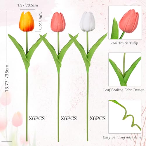 Beferr 18pcs Tulips Artificial Flowers Faux Tulip Real Touch Tulip Fake Flowers Bouquets Arrangements for Mothers Day Spring Easter Wedding Home Table Decor - color: C-18pcs-3colors-colorful-3, size: 18PCS