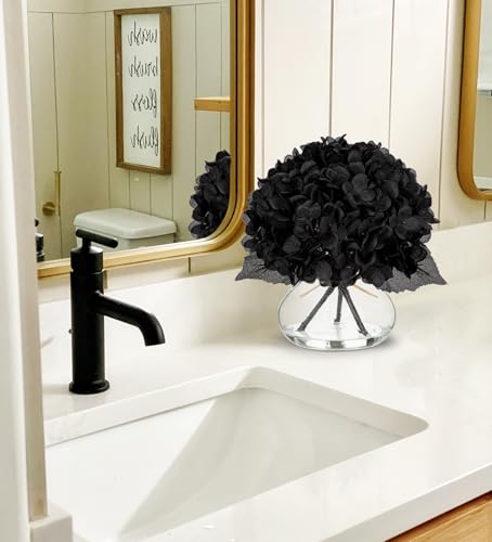 Hollyone Hydrangea Fall Flowers Artificial for Decoration with Glass Vase Black Silk Faux Flowers Arrangements in Vase with Faux Water Fake Floral Bouquet Table Centerpiece Halloween Home Decor - color: Hydrangea, Black