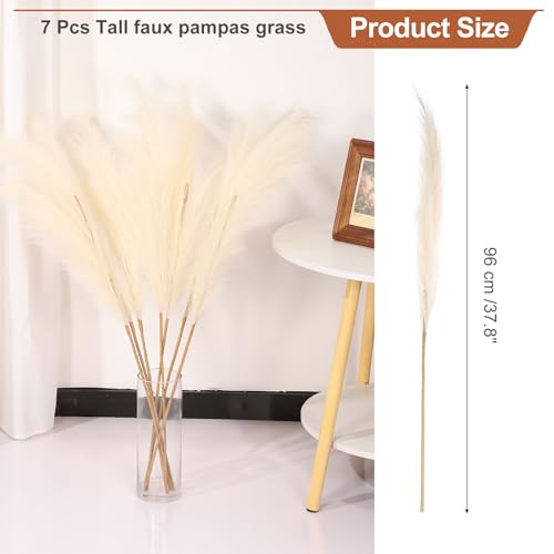 PATIKIL 37.8in Tall Pampas Grass Decor, 7pcs Large Artificial Pampas Grass Bulk Long Fluffy Faux Pampas Grass Dried for Home Boho Decor Vase Wedding Wall Ground, Beige - color: Beige