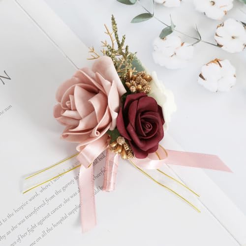 Blush Pink Corsage and Boutonniere Set for Wedding Prom Bride Groom Homecoming Rose Wristlet Band Bracelet Men Boutonniere Set Red Corsage Wristband Boutonniere for Wedding Suit Decorations - color: Pink