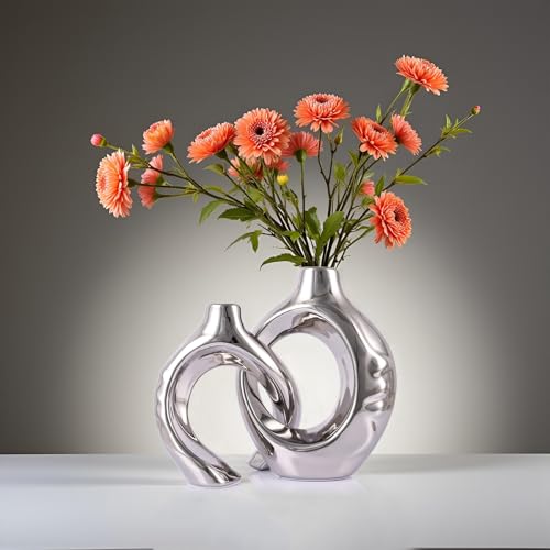 LCCCK Gold Ceramic Vases for Home Decor, Boho Vase for Flowers Pampas Grass Decorative, Hollow Donut Small Vase for Living Room Table Wedding Centerpiece Modern Vases (Silver) - color: Silver