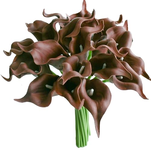Mandy's 20pcs Brown Calla Lily Artificial Flowers | 13.5 Inch PU Realistic Bouquet for Vase Elegant Home Decor Centerpiece Wedding Bridal Bouquet Table Decoration - color: Brown