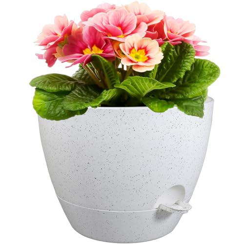 Meowell 12 inch Large Self Watering Pots for Indoor Outdoor Plants, Plant Pots with Mesh Drainage Holes for Garden House Plants, Plastic Planters with Reservoir for Flower, Speckled White - color: Speckled White, size: 12inch B