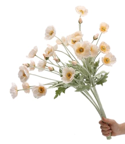 Set of 6 Poppies Flowers Artificial Silk Flowers with Long Stems Faux Wildflowers Bouquet for Vases Oil Pastel Style for Wedding Party Indoor Home Office Decor (Champagne) - color: Champagne