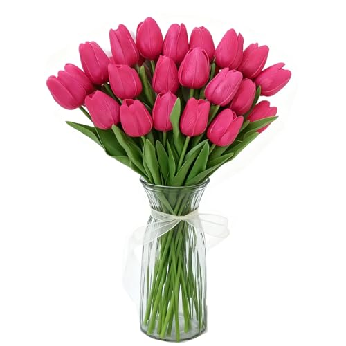 Fuchsia Artificial Tulips Real Touch Fake Flowers, 20 Pcs PU Faux Tulips 13.5", Realistic Tulip Bouquet for Wedding Centerpiece Spring Home Kitchen Dining Table Vase Decoration Easter Decor - color: Fuchsia