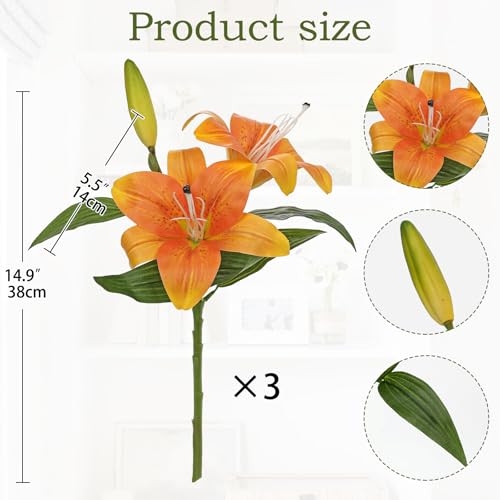 Oairse Artificial Tiger Lily Silk Flowers - 3 Pcs Faux Lily Flower 14.9" Fake Lilies Bouquets Faux Stargazer Lilies Stem with 6 Heads & 3 Buds for Indoor Outdoor Home Table Wedding Decor (Orange) - color: Orange