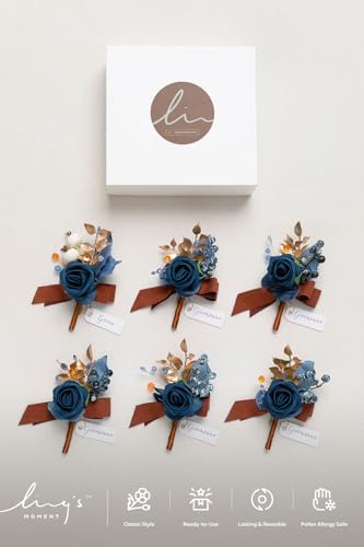 Ling's moment Boutonniere for Men, 6pcs Groom Groomsmen Boutonniere, Artificial Flowers for Wedding Decor/Prom/Homecoming, etc.Burnt Orange Navy Blue - color: Blu-burnt Orange & Navy Blue
