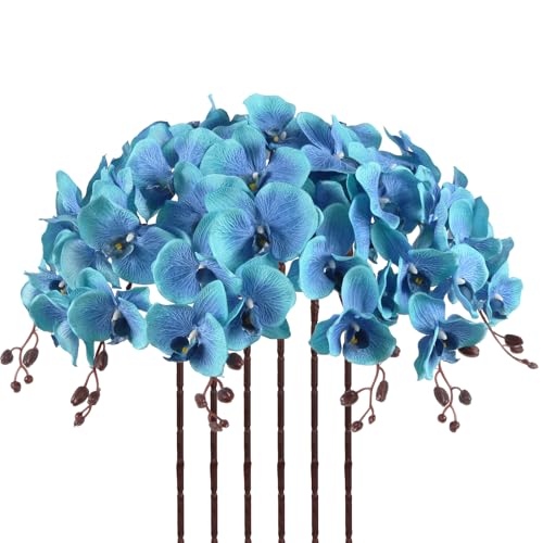 41.34" Orchid Artificial Flowers 6PCS Velvet Silk Fake Orchids Long Stem Artificial Flowers for Tall Vase for Home Wedding Decoration(Ocean Blue) - color: Ocean Blue