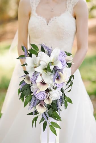Wedding Bouquet,11 Inch Bridal Bouquet Cascading Wedding Bouquets for Bride for Wedding Ceremony and Anniversary(Lilac & White) - color: Lilac & White
