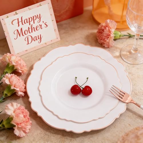 WDF 60pcs Rose Gold Plastic Plates-Baroque White &Rose Gold Disposable Plates including 30Plastic Dinner Plates 10.25inch, 30 Salad Plates 7.5inch for Wedding/Party/Birthday/Mother's Day - color: Rose Gold, size: 60PCS